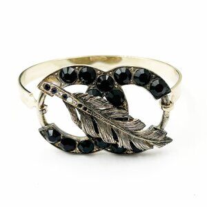 Chanel Silver CC Black Crystal Bangle Cuff Bracelet